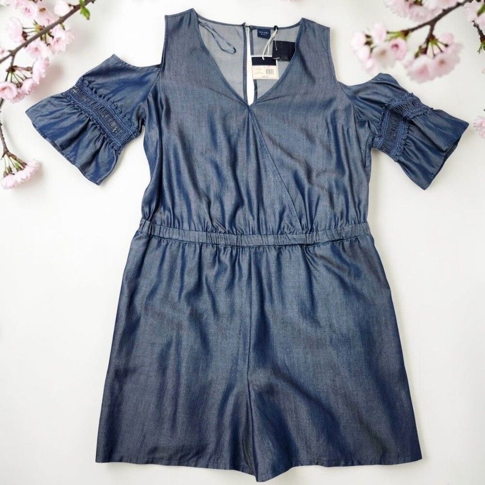 Kaari Blue Cold Shoulder Romper Womens Large Pockets Blue Chambray Cottagecore